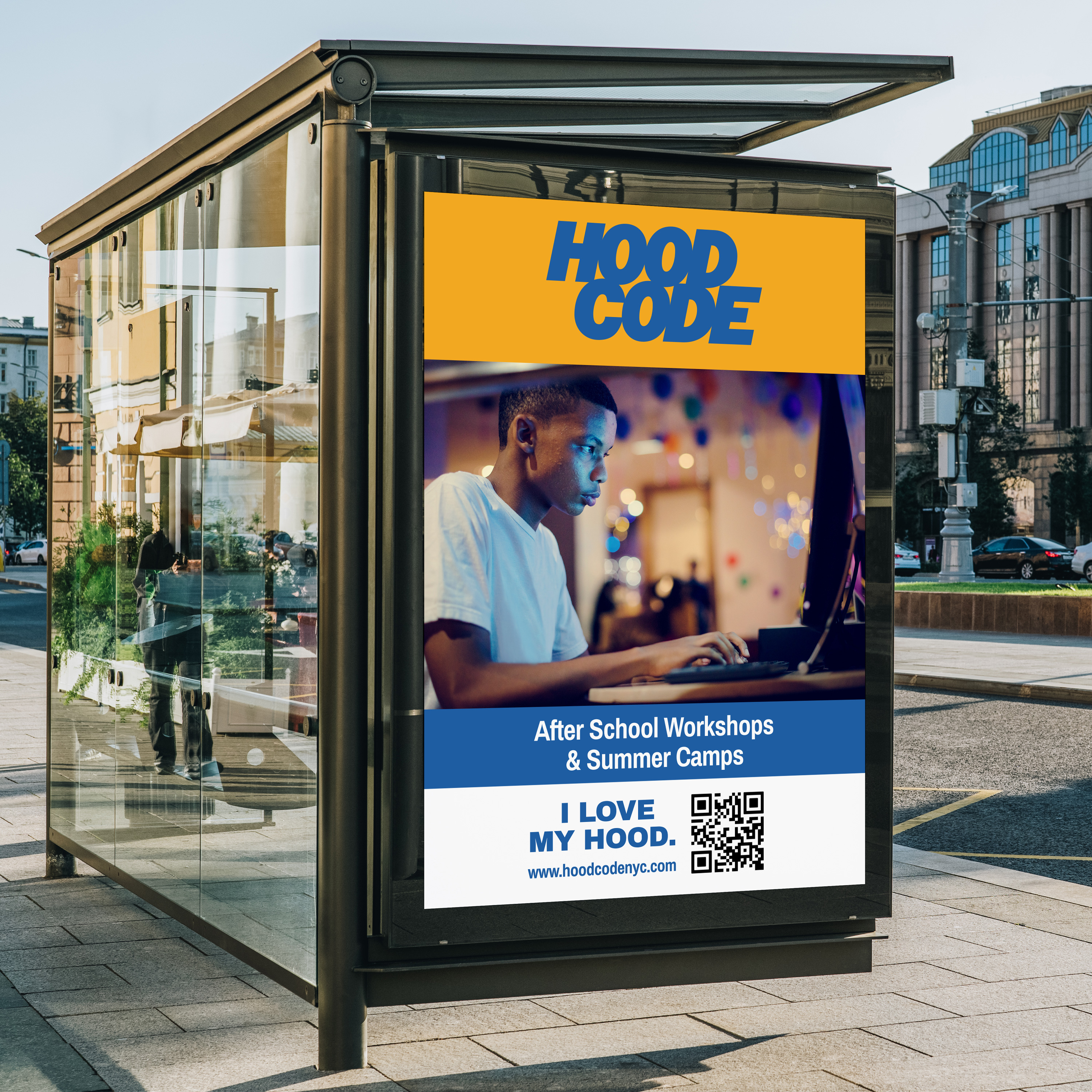 Hood Code campaign displayed in a New York City bus shelter.