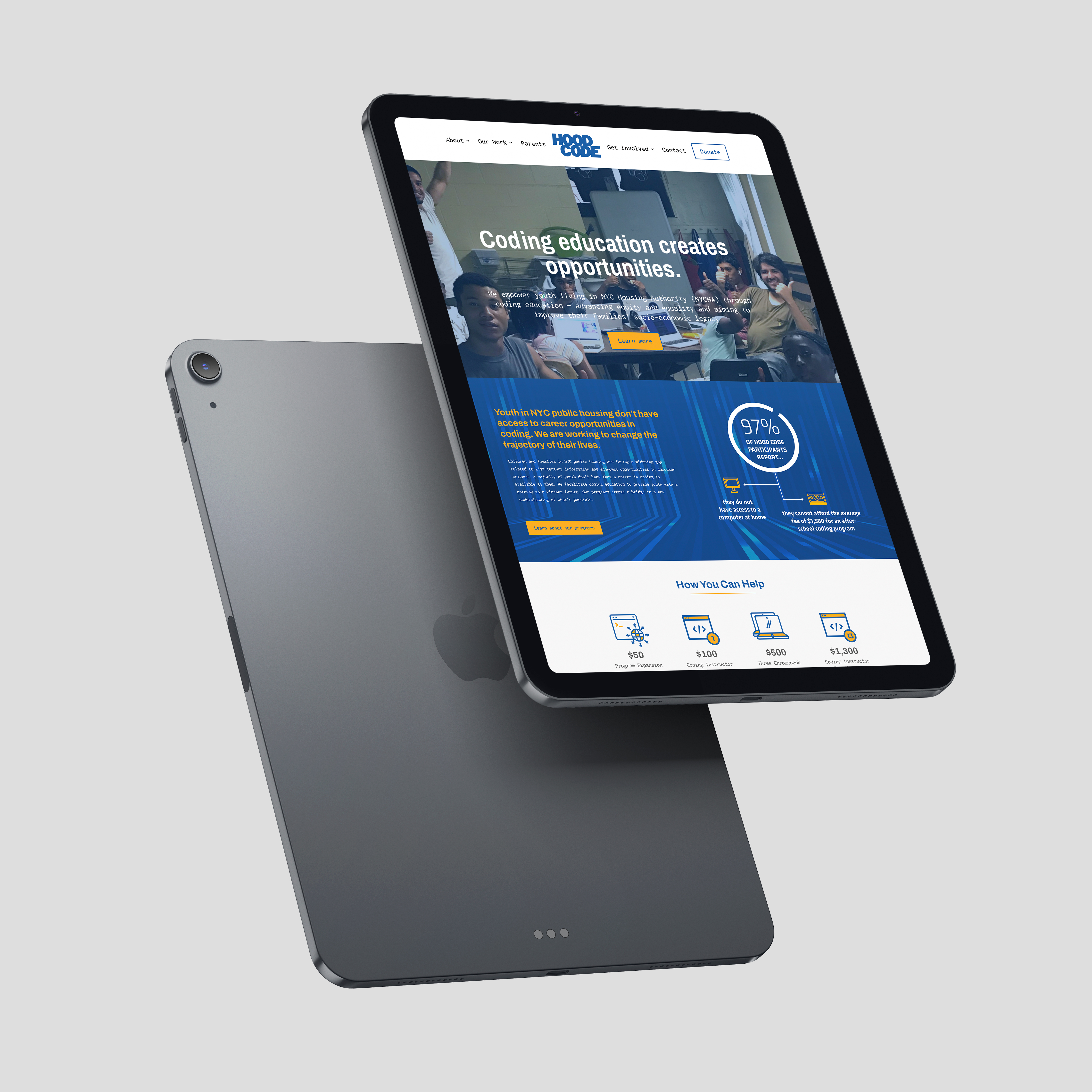 Hood Code website shown on a tablet as part of the new brand system.