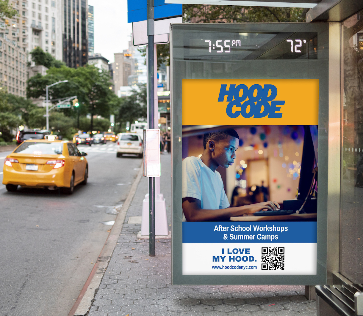 Hood Code’s branded content on a bus stop sign, an example of what Liminal’s nonprofit branding services can help accomplish.