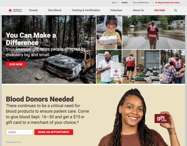 A screenshot of the Red Cross website, which serves as an example of a strong nonprofit brand identity.