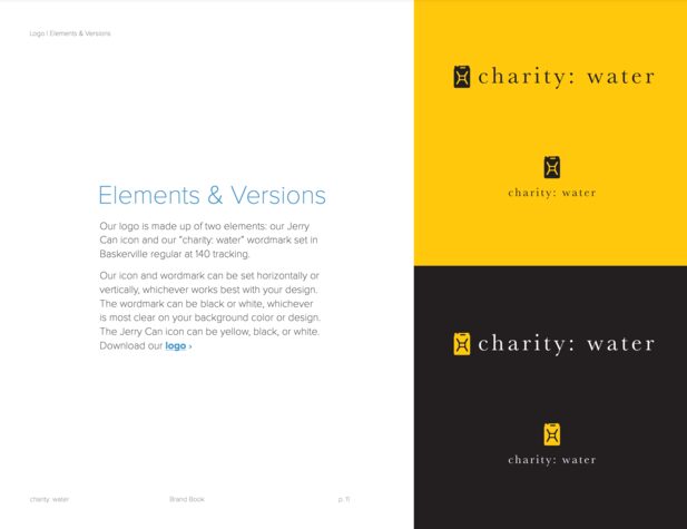 A screenshot from the charity: water Brand Book, illustrating a strong example of nonprofit logo guidelines.