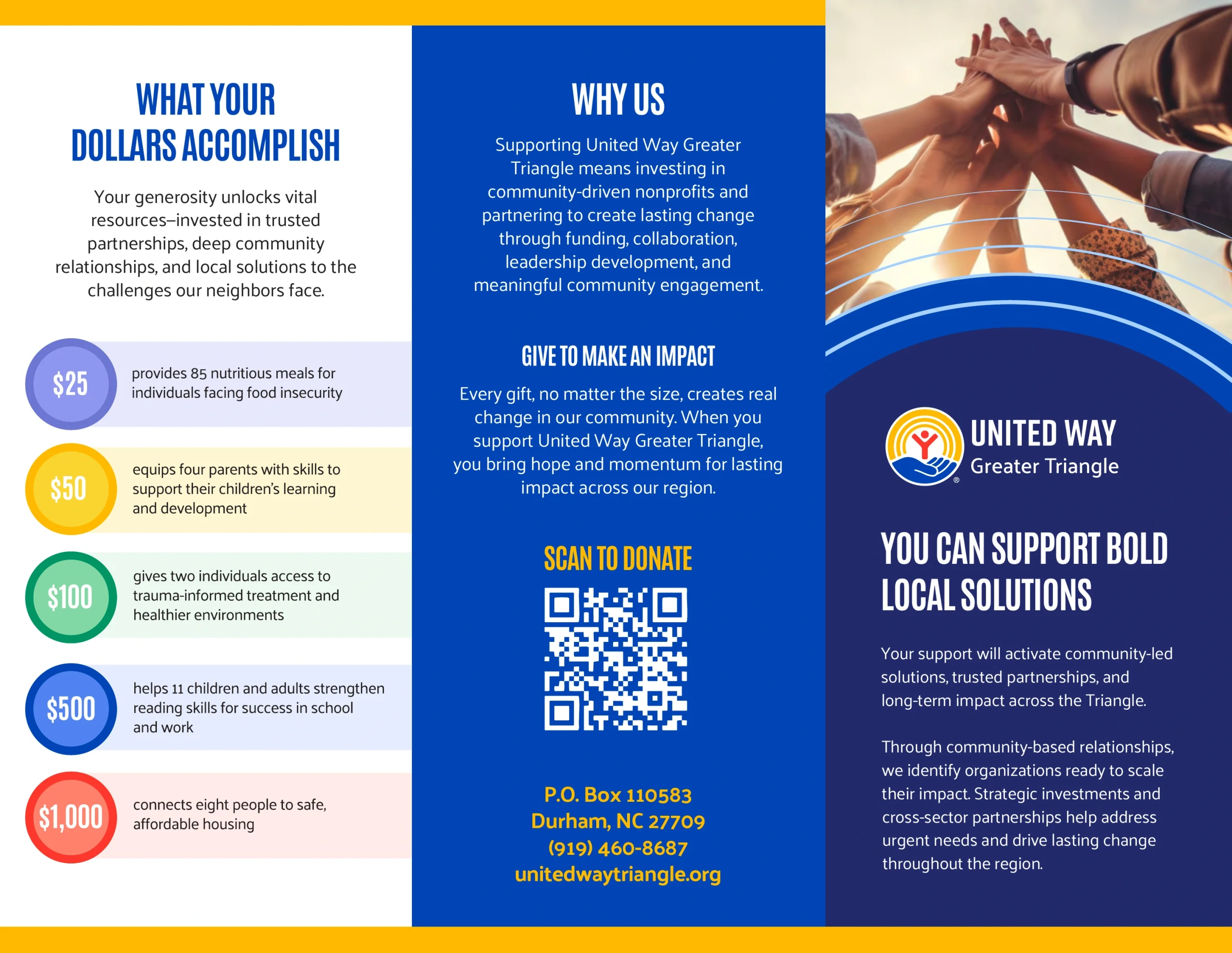 United Way Greater Triangle three-panel brochure: giving levels, local impact and community support